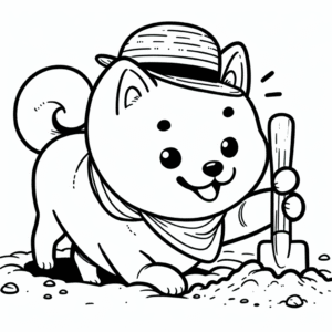 Coloring page of a Shiba Inu dog, playful friend digging a hole