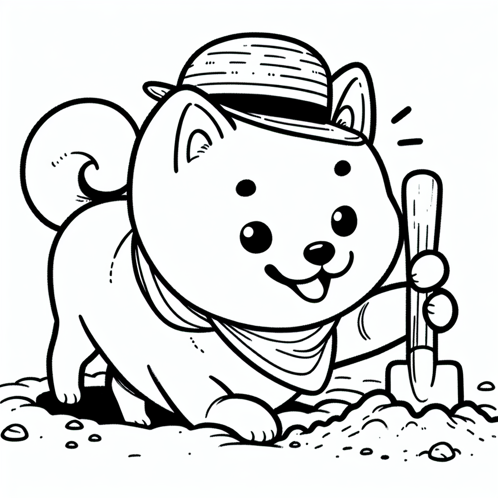 Coloring page of a Shiba Inu dog, playful friend digging a hole