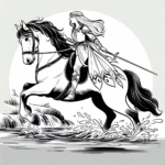 Coloring page of a Shire horse girl riding a horse, fantasy warrior princess crossing a river