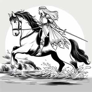 Coloring page of a Shire horse girl riding a horse, fantasy warrior princess crossing a river