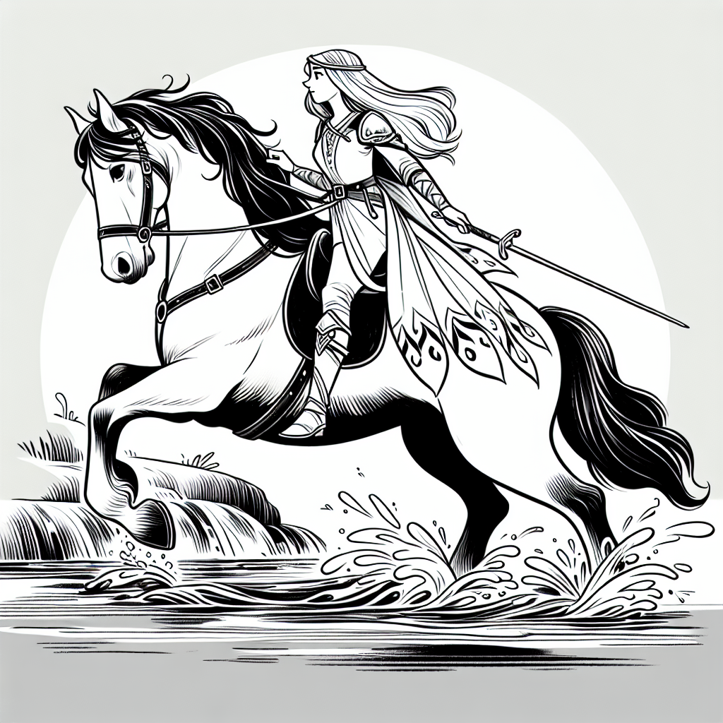 Coloring page of a Shire horse girl riding a horse, fantasy warrior princess crossing a river