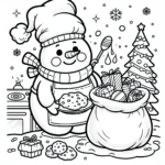 Coloring page of a snowman, holiday helper baking cookies