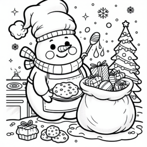 Coloring page of a snowman, holiday helper baking cookies