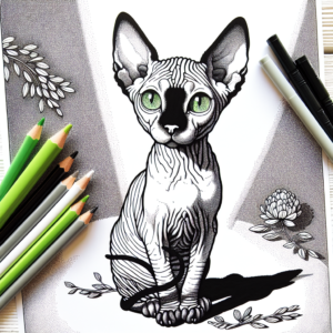 Coloring page of a Sphynx cat, curious cat sleeping in a sunbeam