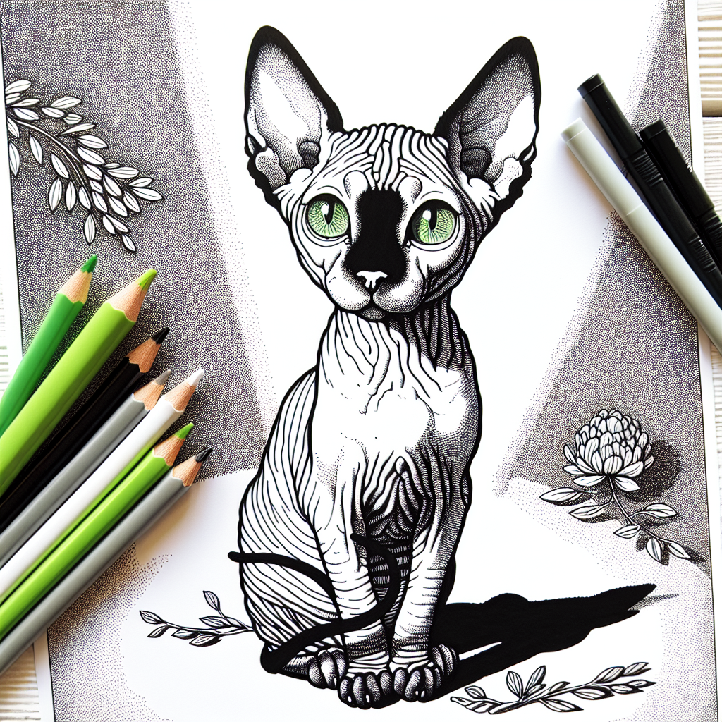 Coloring page of a Sphynx cat, curious cat sleeping in a sunbeam