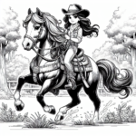 Coloring page of a Thoroughbred girl riding a horse, equestrian athlete riding through a forest