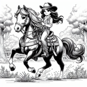 Coloring page of a Thoroughbred girl riding a horse, equestrian athlete riding through a forest