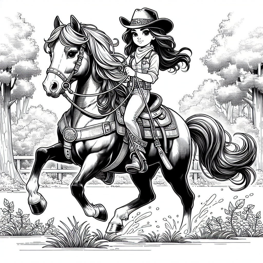 Coloring page of a Thoroughbred girl riding a horse, equestrian athlete riding through a forest