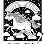 Coloring page of a unicorn, guardian of dreams leaping over a rainbow