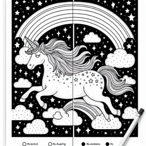 Coloring page of a unicorn, guardian of dreams leaping over a rainbow