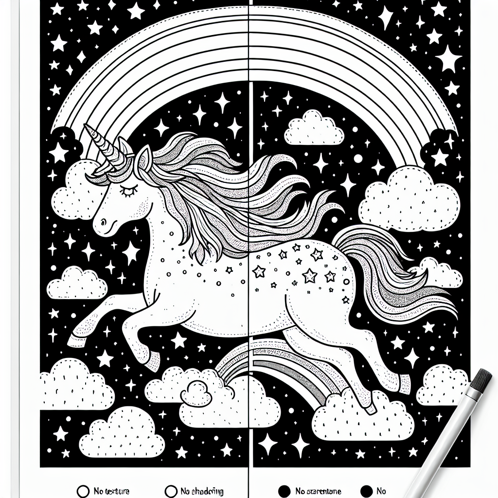 Coloring page of a unicorn, guardian of dreams leaping over a rainbow