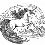 Coloring page of a unicorn, star chaser gliding above mountains