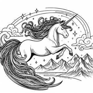 Coloring page of a unicorn, star chaser gliding above mountains