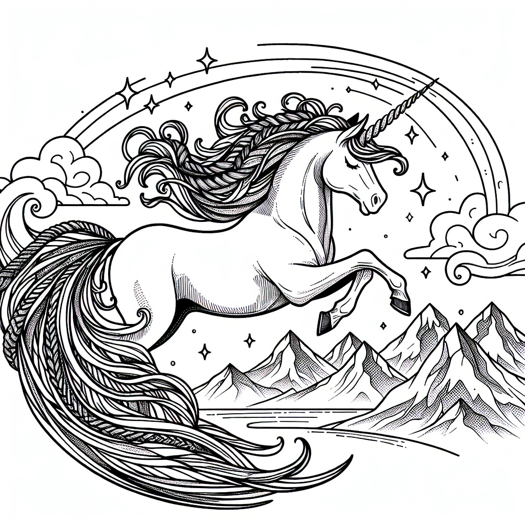 Coloring page of a unicorn, star chaser gliding above mountains
