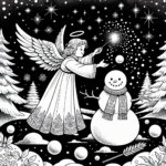 Coloring page of a angel, snowball thrower building a snowman