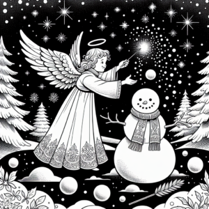Coloring page of a angel, snowball thrower building a snowman