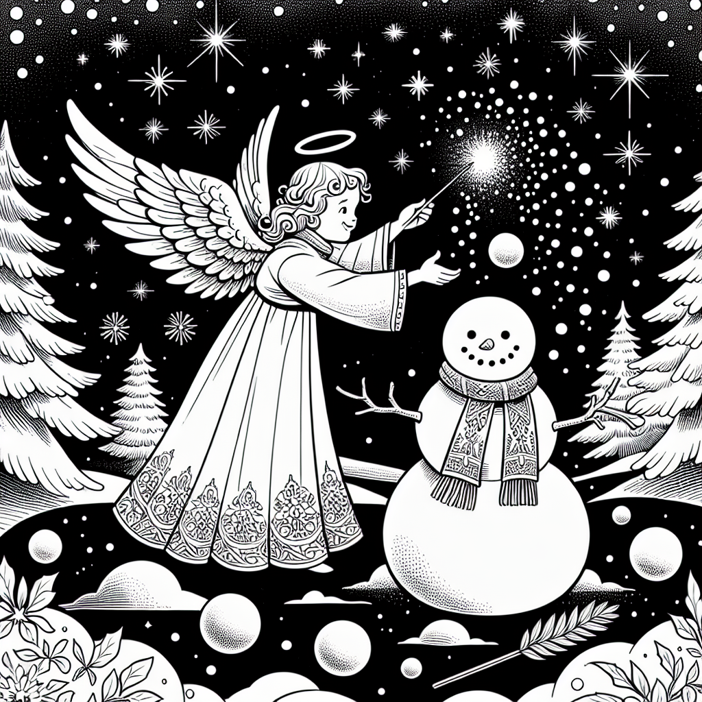 Coloring page of a angel, snowball thrower building a snowman