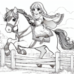 Coloring page of a Arabian horse female rider, village girl on a pony jumping over a fence