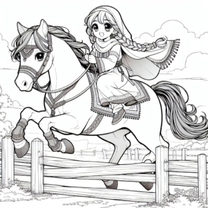 Coloring page of a Arabian horse female rider, village girl on a pony jumping over a fence
