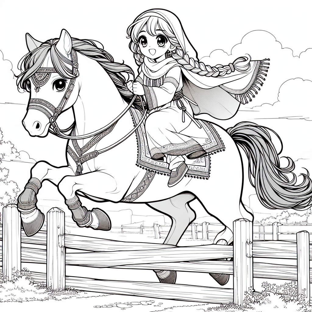 Coloring page of a Arabian horse female rider, village girl on a pony jumping over a fence