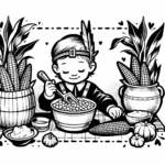 Coloring page of a child, thanksgiving dinner guest harvesting corn