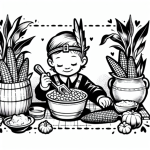 Coloring page of a child, thanksgiving dinner guest harvesting corn