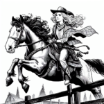 Page à colorier d&rsquo;une jeune femme Clydesdale à cheval, princesse guerrière de fantaisie sautant par-dessus une clôture