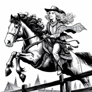 Coloring page of a Clydesdale young woman on horseback, fantasy warrior princess jumping over a fence