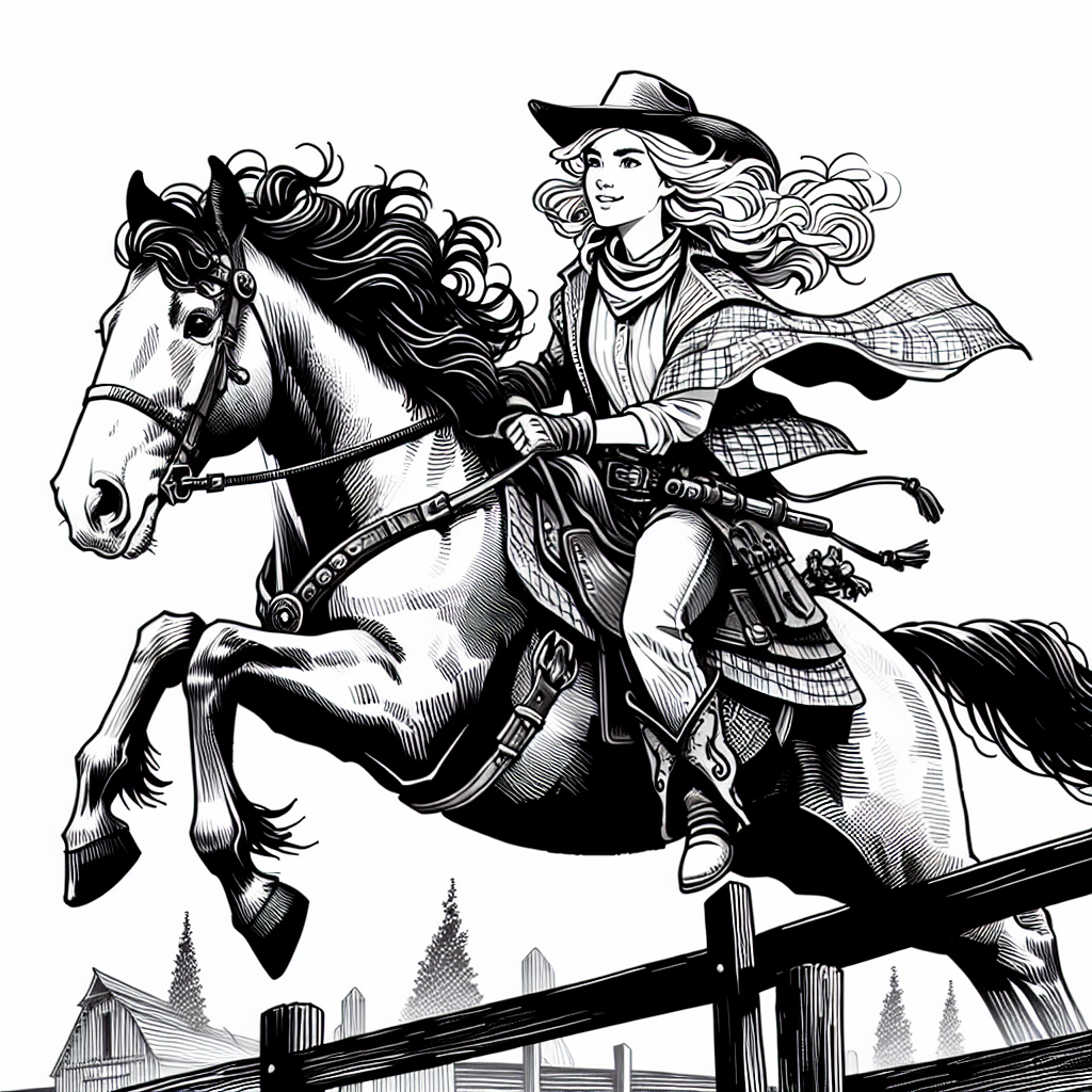 Coloring page of a Clydesdale young woman on horseback, fantasy warrior princess jumping over a fence