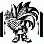 Page à colorier d&rsquo;un personnage de corne d&rsquo;abondance, invité du dîner de Thanksgiving récoltant du maïs