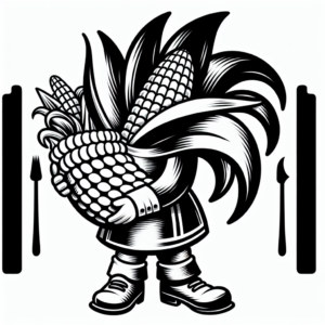 Coloring page of a cornucopia character, thanksgiving dinner guest harvesting corn