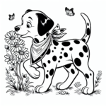 Coloring page of a Dalmatian dog, energetic pup sniffing flowers