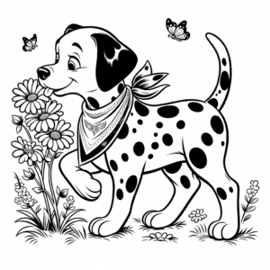 Coloring page of a Dalmatian dog, energetic pup sniffing flowers