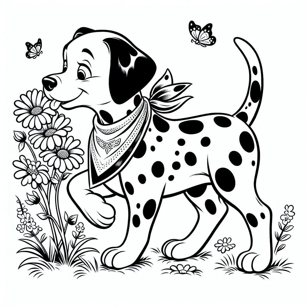 Coloring page of a Dalmatian dog, energetic pup sniffing flowers