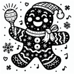 Coloring page of a gingerbread man, gift giver singing carols