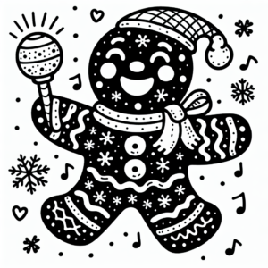 Coloring page of a gingerbread man, gift giver singing carols