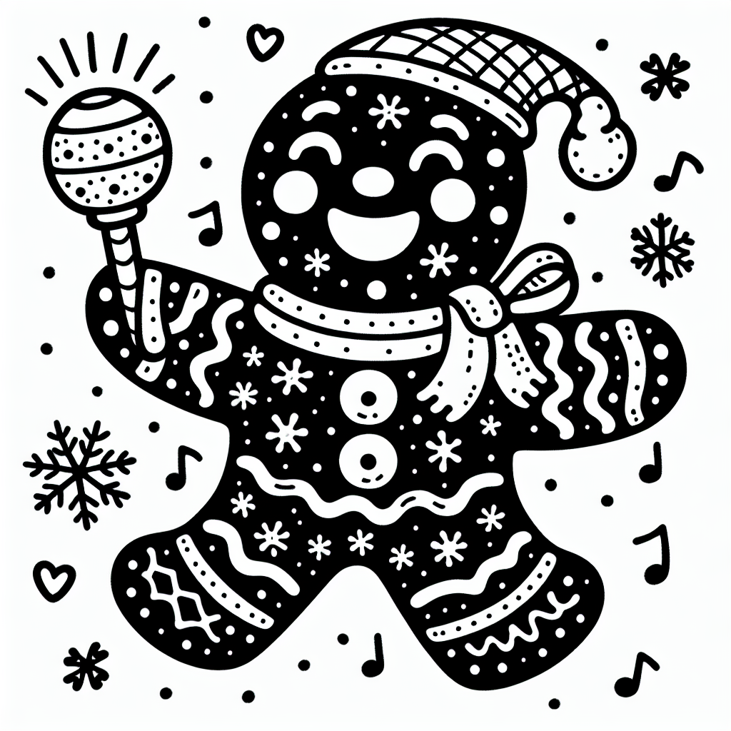 Coloring page of a gingerbread man, gift giver singing carols