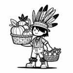 Coloring page of a harvest farmer, fall festival dancer holding a basket of vegetables
