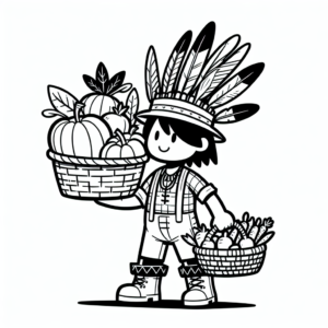 Coloring page of a harvest farmer, fall festival dancer holding a basket of vegetables