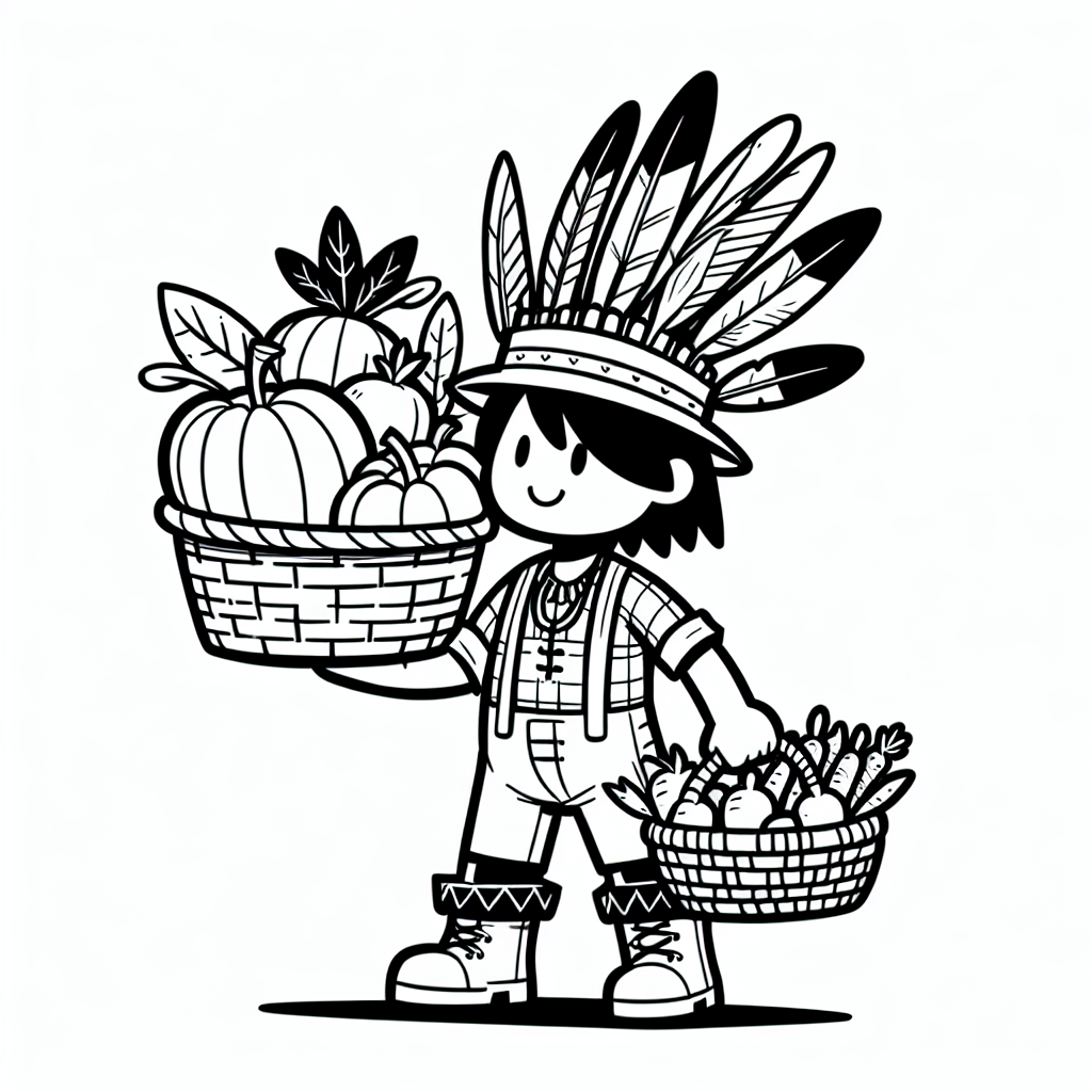 Coloring page of a harvest farmer, fall festival dancer holding a basket of vegetables