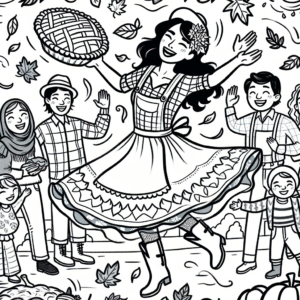 Coloring page of a harvest farmer, family member dancing in autumn leaves