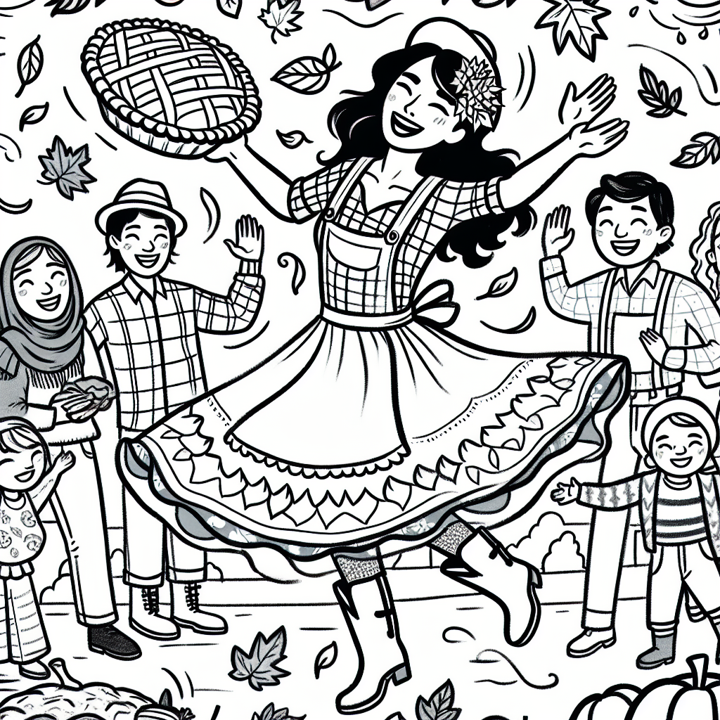 Coloring page of a harvest farmer, family member dancing in autumn leaves