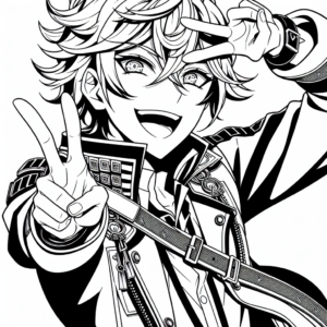 Coloring page of a manga character, stage star smiling and making a peace sign