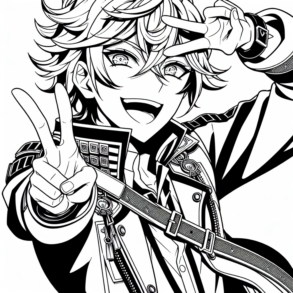 Coloring page of a manga character, stage star smiling and making a peace sign