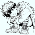 Page de coloriage d&rsquo;un personnage de manga, visuel se penchant vers le public