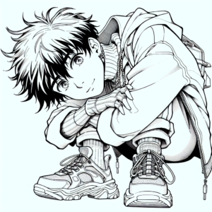 Coloring page of a manga character, visual leaning forward to the audience