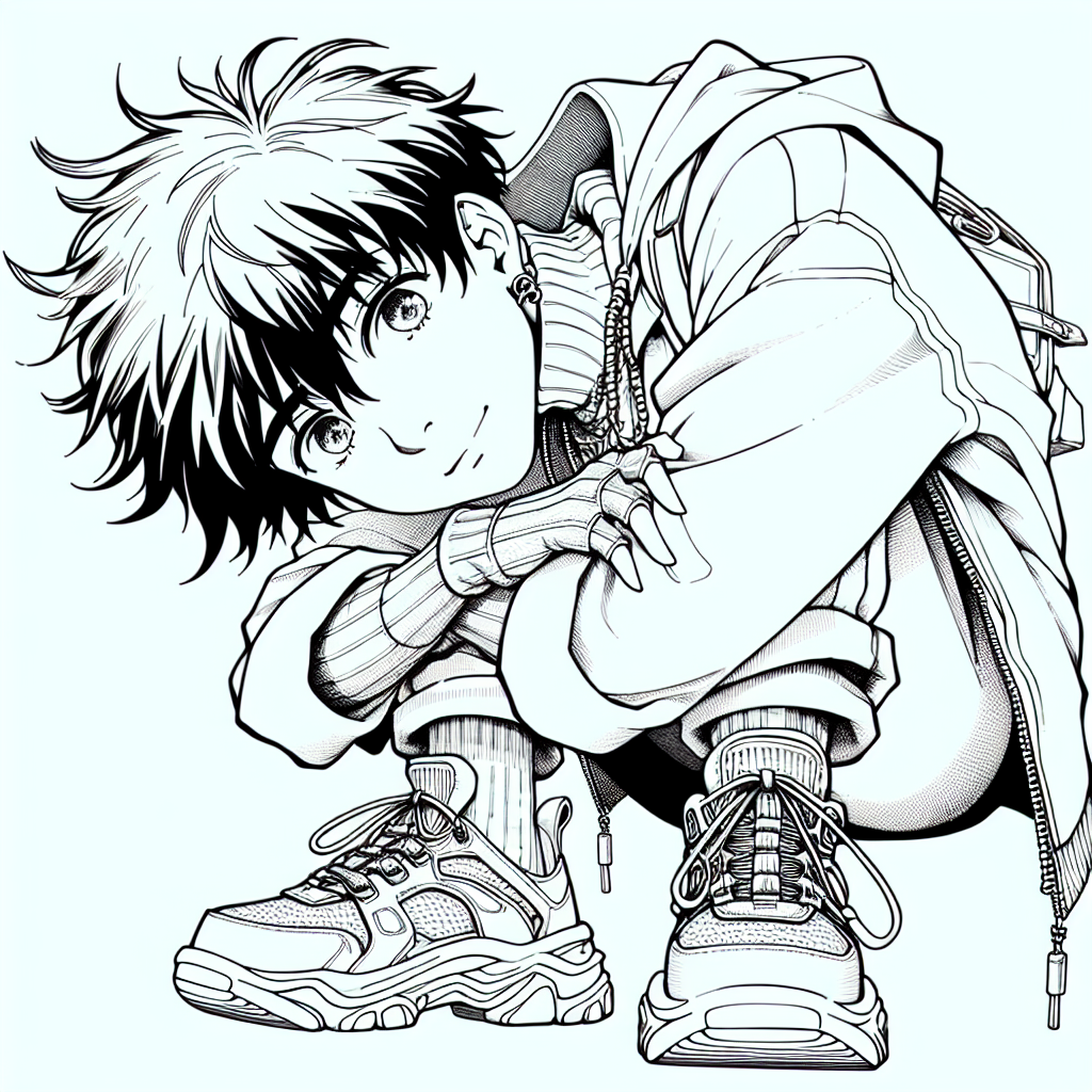 Coloring page of a manga character, visual leaning forward to the audience