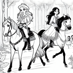 Coloring page of a Mustang girl riding a horse, village girl on a pony riding through a forest