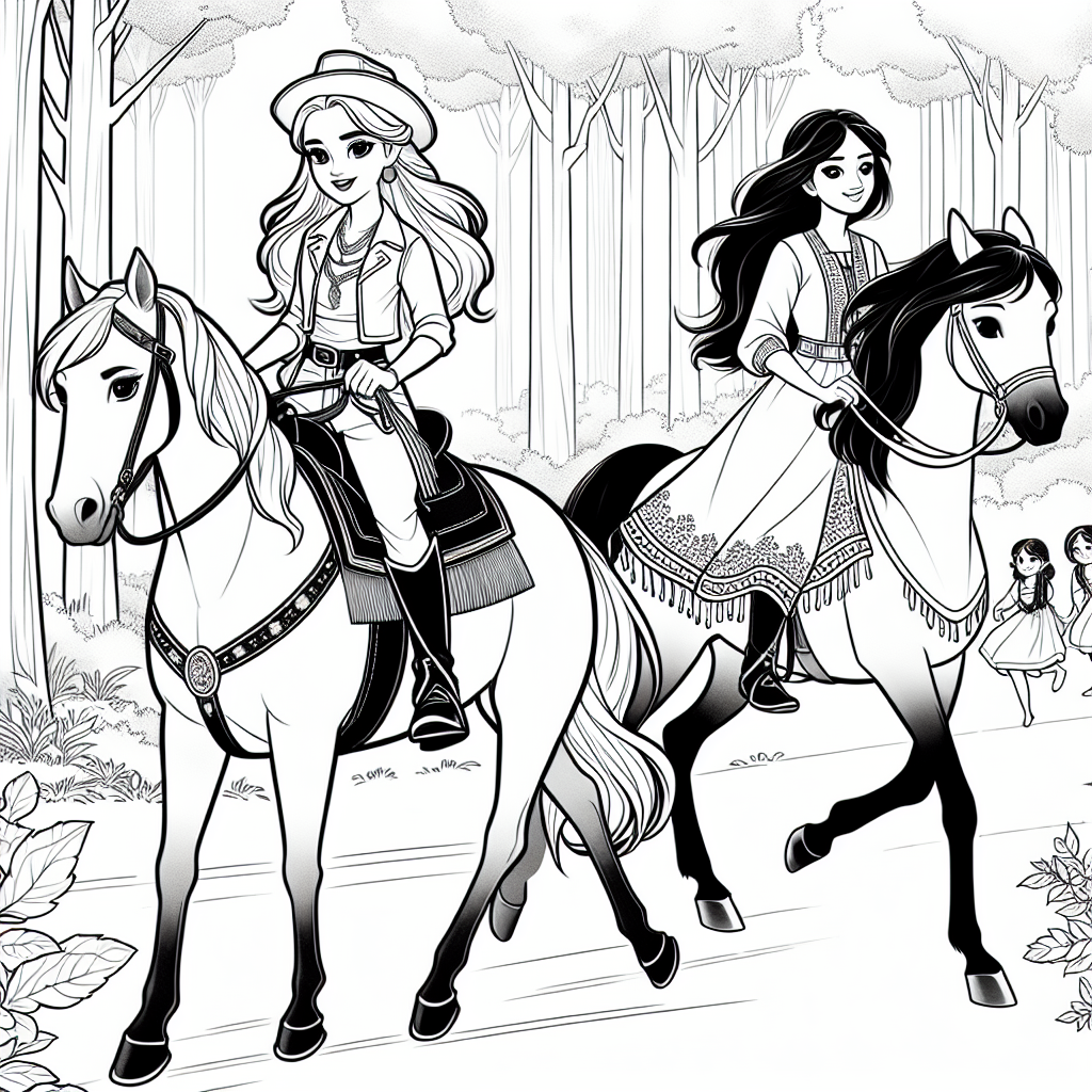 Coloring page of a Mustang girl riding a horse, village girl on a pony riding through a forest