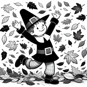 Coloring page of a pilgrim child, family member dancing in autumn leaves